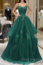 Green V-Neckline Tulle With Lace Applique Formal Prom Dresses, Green Layers Tulle Party Dresses