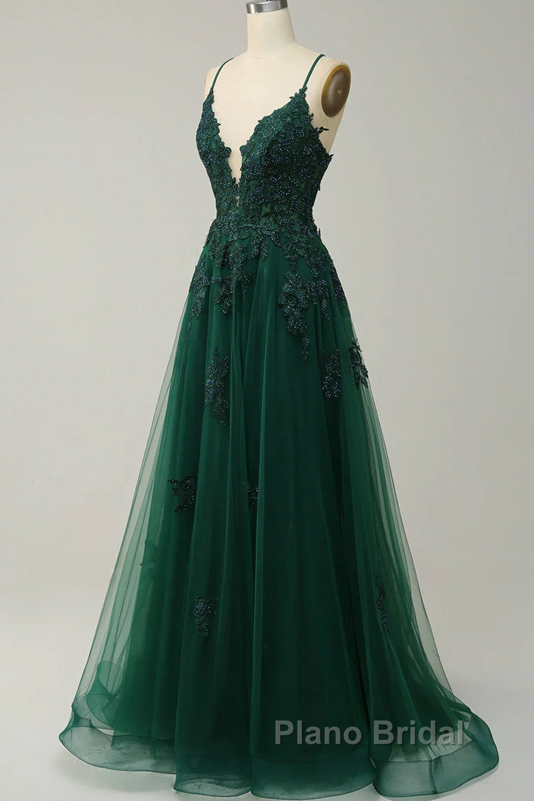 Green V-Neckline Tulle With Lace Cross Back, Green Tulle Formal Prom Dresses