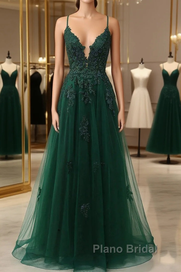 Green V-Neckline Tulle With Lace Cross Back, Green Tulle Formal Prom Dresses Main image