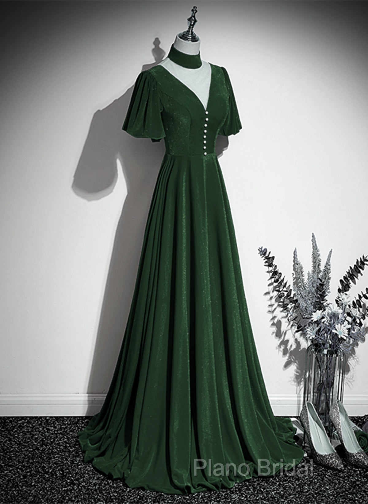 Green Velvet A-Line Short Sleeves Long Party Dresses, Green Long Formal Prom Dresses