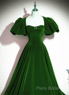 Green Velvet Backless Long Party Dresses, Green Short Sleeves Formal Dresses Formal Prom Dresses
