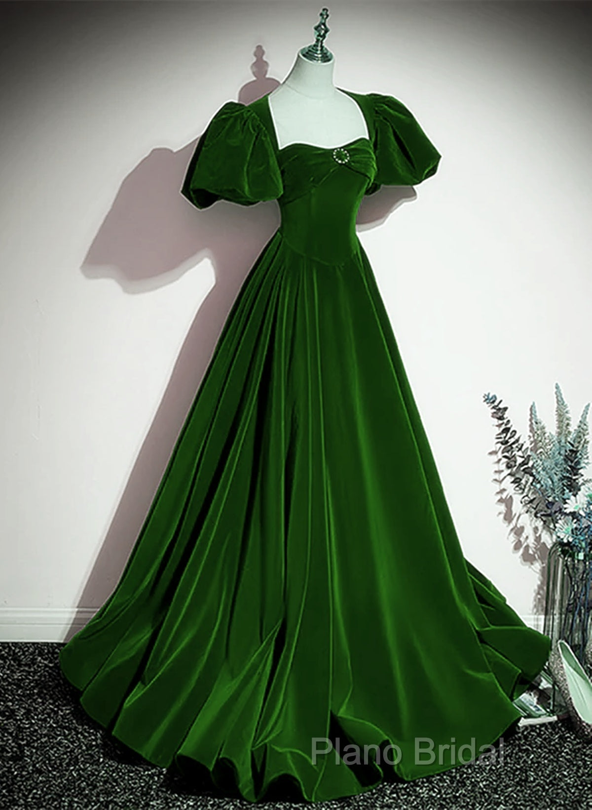 Green Velvet Backless Long Party Dresses, Green Short Sleeves Formal Dresses Formal Prom Dresses
