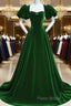 Green Velvet Backless Long Party Dresses, Green Short Sleeves Formal Dresses Formal Prom Dresses