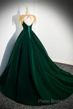 Green Velvet Beaded Long Formal Prom Dresses, A-Line Beautiful Formal Party Dresses