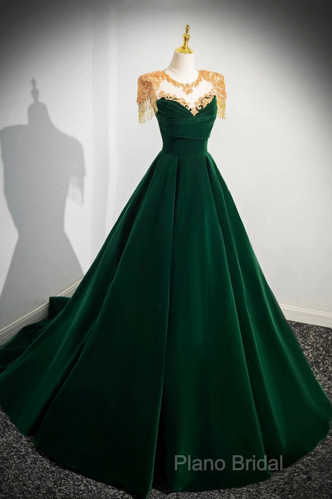 Green Velvet Beaded Long Formal Prom Dresses, A-Line Beautiful Formal Party Dresses