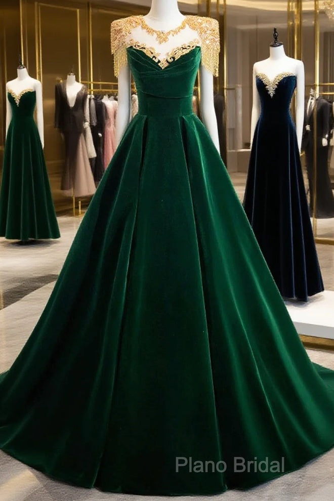 Green Velvet Beaded Long Formal Prom Dresses, A-Line Beautiful Formal Party Dresses Main image