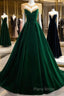 Green Velvet Beaded Long Formal Prom Dresses, A-Line Beautiful Formal Party Dresses