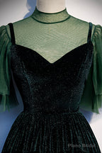 Green Velvet Long A-Line Prom Dress, Green Formal Evening Dress