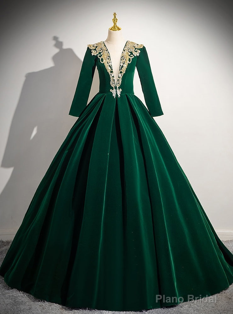 Green Velvet Long Sleeve V-neck Quinceanera Dress Main image