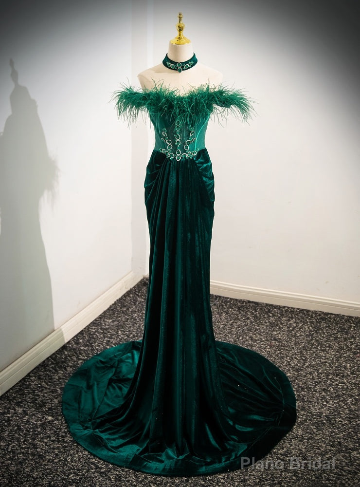 Green Velvet Off the Shoulder Feather Crystal Prom Dress Main image