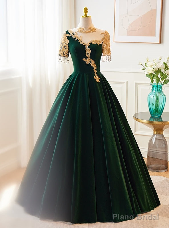 Green Velvet Short Sleeve Beading Prom Dress