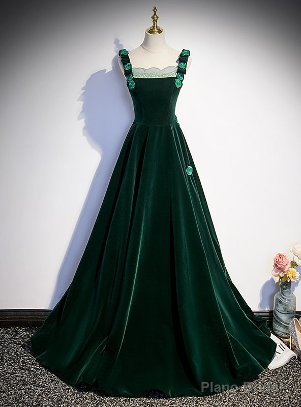Green Velvet Straps Beading Prom Dress
