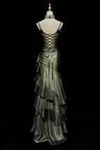 Green/Champagne Vintage Elegant Long Lace Ruffle Formal Prom Dresses Formal Evening Dresses
