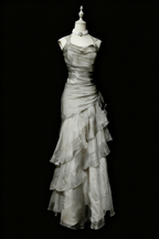 Green/Champagne Vintage Elegant Long Lace Ruffle Formal Prom Dresses Formal Evening Dresses