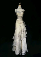 Green/Champagne Vintage Elegant Long Lace Ruffle Formal Prom Dresses Formal Evening Dresses