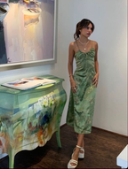 Vintage Green Floral Printed Satin Spaghetti Strap Midi Length Party Dresses
