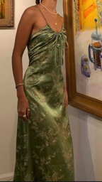 Vintage Green Floral Printed Satin Spaghetti Strap Midi Length Party Dresses