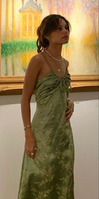 Vintage Green Floral Printed Satin Spaghetti Strap Midi Length Party Dresses