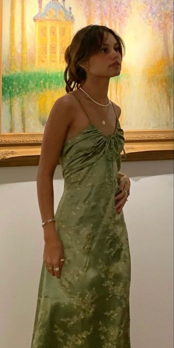 Vintage Green Floral Printed Satin Spaghetti Strap Midi Length Party Dresses