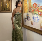 Vintage Green Floral Printed Satin Spaghetti Strap Midi Length Party Dresses