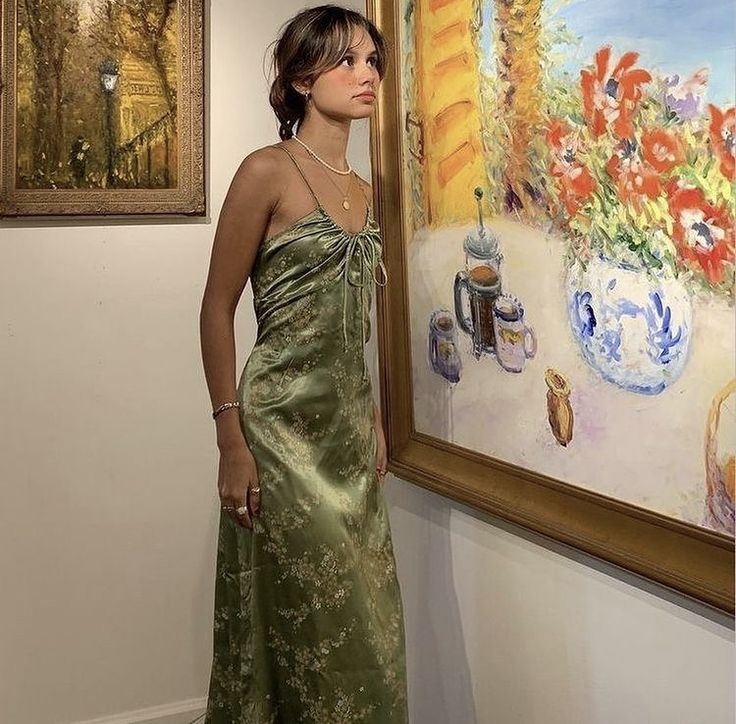 Vintage Green Floral Printed Satin Spaghetti Strap Midi Length Party Dresses
