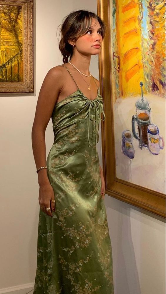 Green Vintage Printed Satin Party Dresses Midi Length Formal Prom Dresses Secondary image