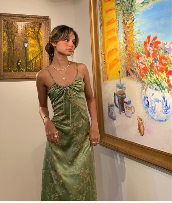 Green Vintage Printed Satin Party Dresses Midi Length Formal Prom Dresses Main image