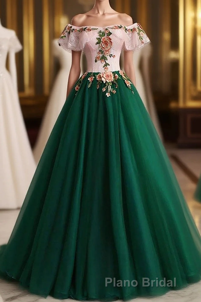 Green Off the Shoulder Floor Length Formal Prom Dresses with Appliques, Puffy Quinceanera Dresses