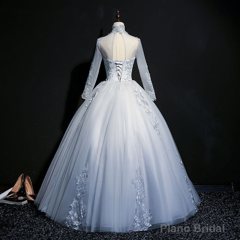Grey A-line Long Sleeves with Lace Party Gown, Sweet 16 Dress Main image
