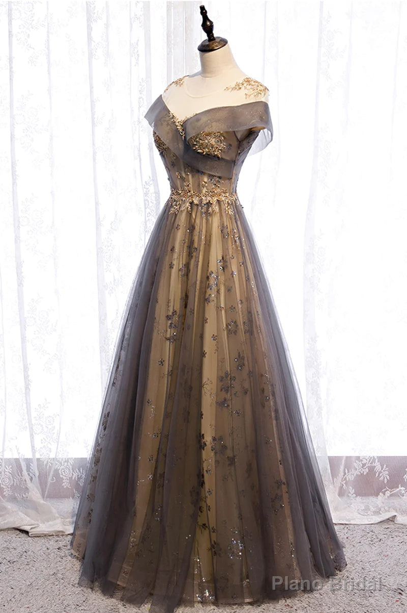 Grey A-line Tulle and Lace Long Prom Dress, Round Neckline Party Dress Main image