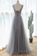 Grey A-Line Tulle With Lace Long Formal Dresses V-Neckline Formal Prom Dresses Sleeveless December Wedding Guest Dresses