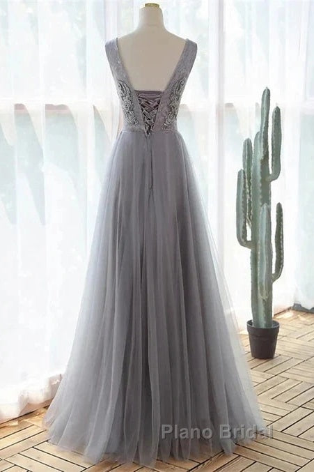 Grey A-Line Tulle With Lace Long Formal Dresses V-Neckline Formal Prom Dresses Sleeveless December Wedding Guest Dresses Secondary image