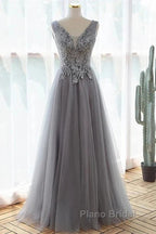 Grey A-Line Tulle With Lace Long Formal Dresses V-Neckline Formal Prom Dresses Sleeveless December Wedding Guest Dresses
