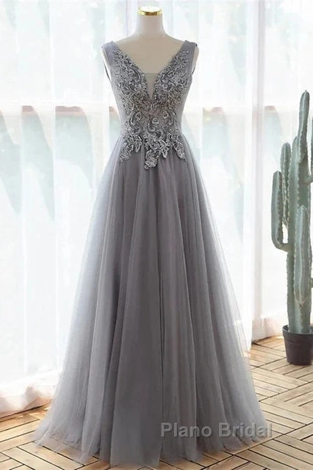 Grey A-Line Tulle With Lace Long Formal Dresses V-Neckline Formal Prom Dresses Sleeveless December Wedding Guest Dresses