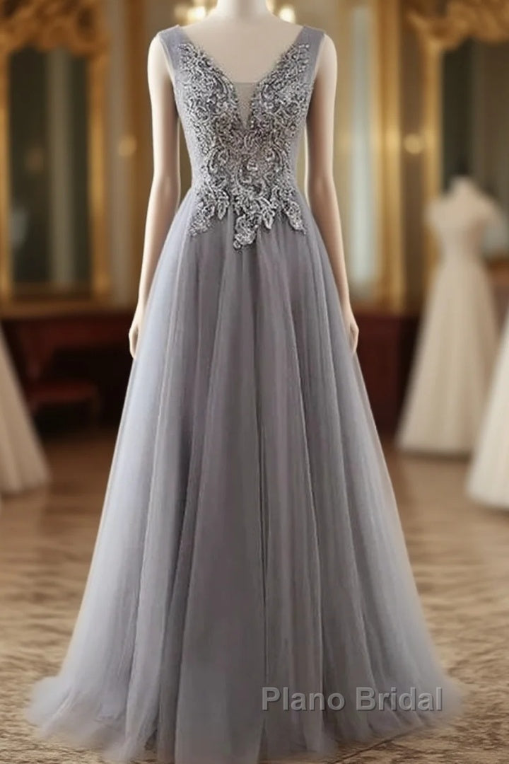Grey A-Line Tulle With Lace Long Formal Dresses V-Neckline Formal Prom Dresses Sleeveless December Wedding Guest Dresses Main image