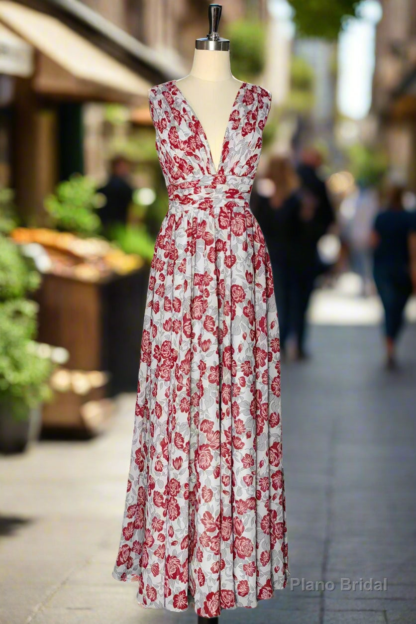 Grey and Pink Floral Long Bridesmaid Dress Main image