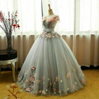 Grey Ball Gown 3D Flowers Princess Party Gown, Sweet 16 Formal Dresses Grey Formal Dresses