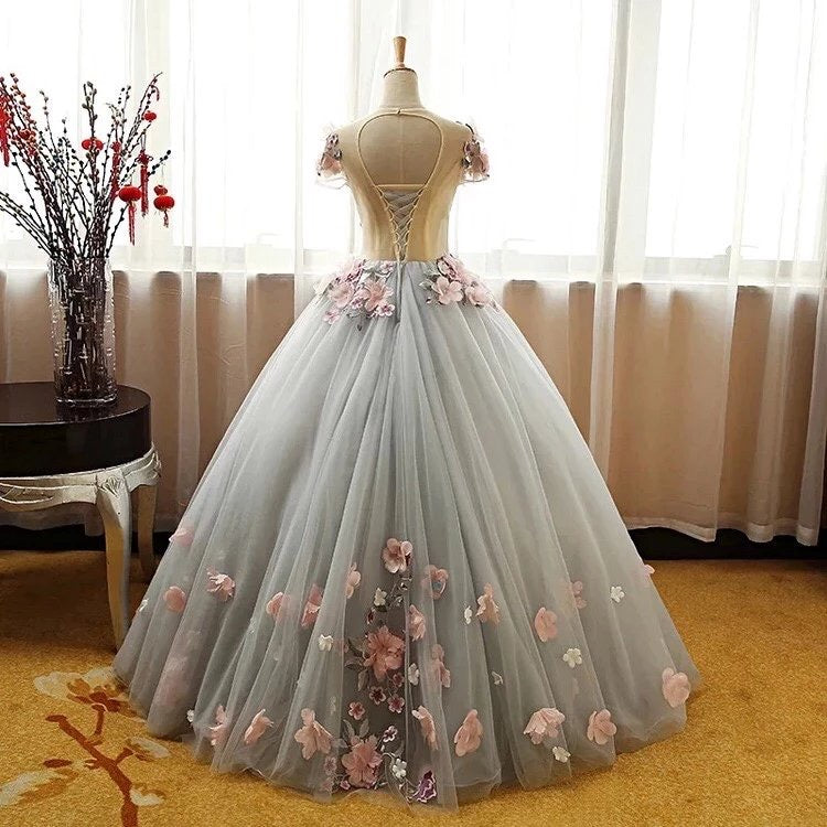 Grey Ball Gown 3D Flowers Princess Party Gown, Sweet 16 Formal Dresses Grey Formal Dresses