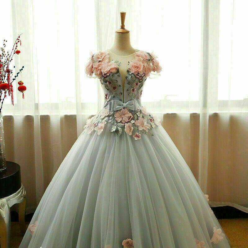 Grey Ball Gown 3D Flowers Princess Party Gown, Sweet 16 Formal Dresses Grey Formal Dresses