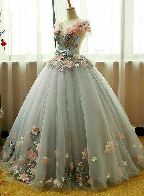 Grey Ball Gown 3D Flowers Princess Party Gown, Sweet 16 Formal Dresses Grey Formal Dresses Main image