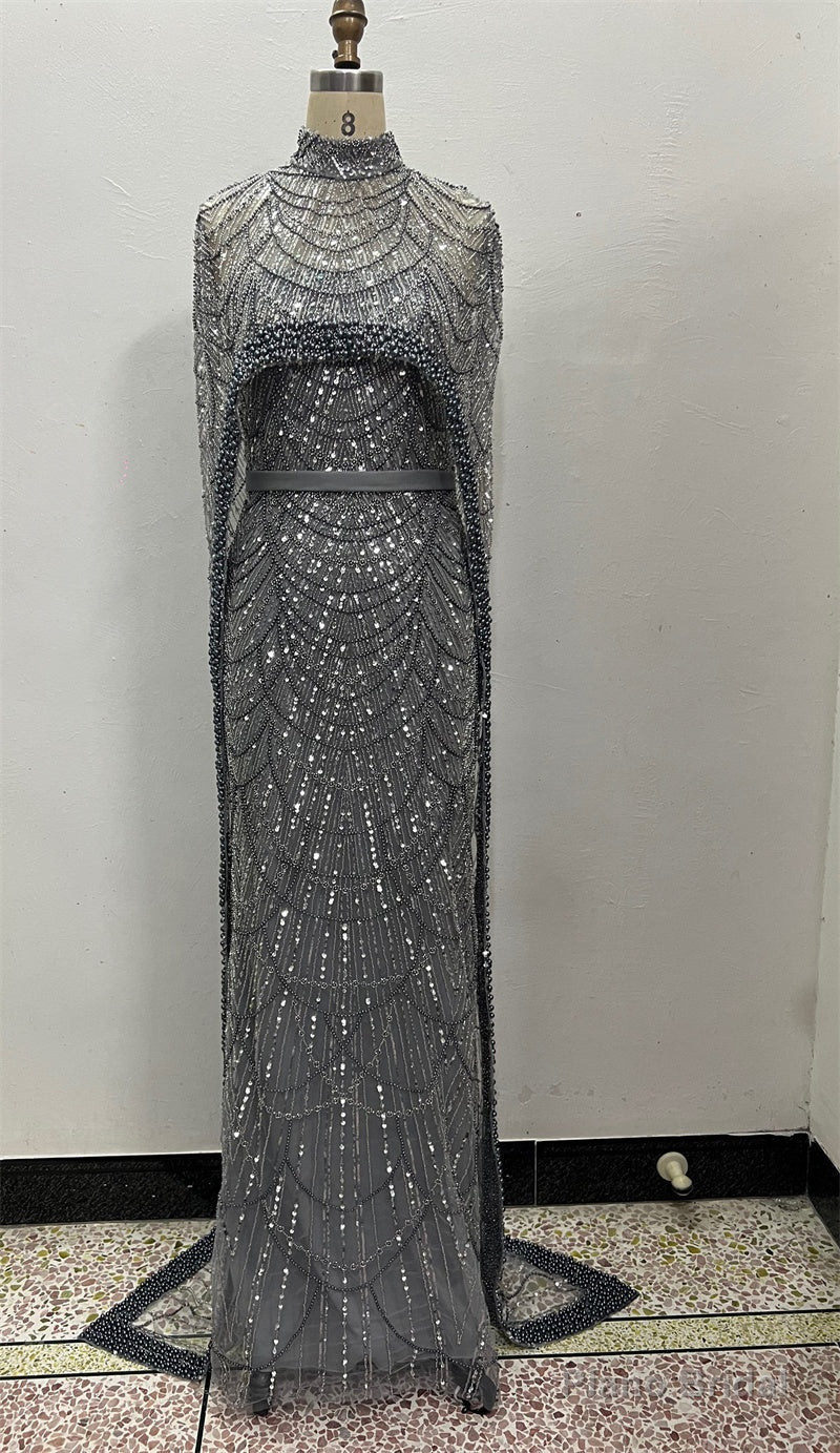 Grey Beading Prom Dresses Sweep Train High Neck Zipper Sleeveless Evening Dresses Secondary image