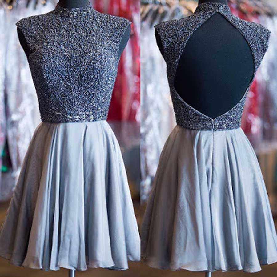 Grey beads sparkly high neck open back vintage elegant homecoming Formal Prom Dresses Main image