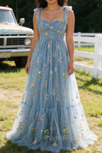 Grey Blue A-Line Spaghetti Straps Tulle Long Prom Dress With Embroidery