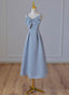 Grey Blue Tea Length Satin Straps Formal Dress, A-line Wedding Party Dress