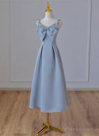 Grey Blue Tea Length Satin Straps Formal Dress, A-line Wedding Party Dress