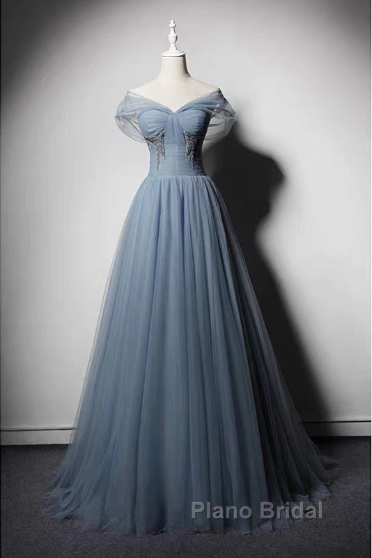 Grey-Blue Tulle Off Shoulder Beaded Long Formal Prom Dresses Party Dresses, Long Evening Gowns Secondary image