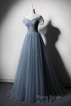 Grey-Blue Tulle Off Shoulder Beaded Long Formal Prom Dresses Party Dresses, Long Evening Gowns