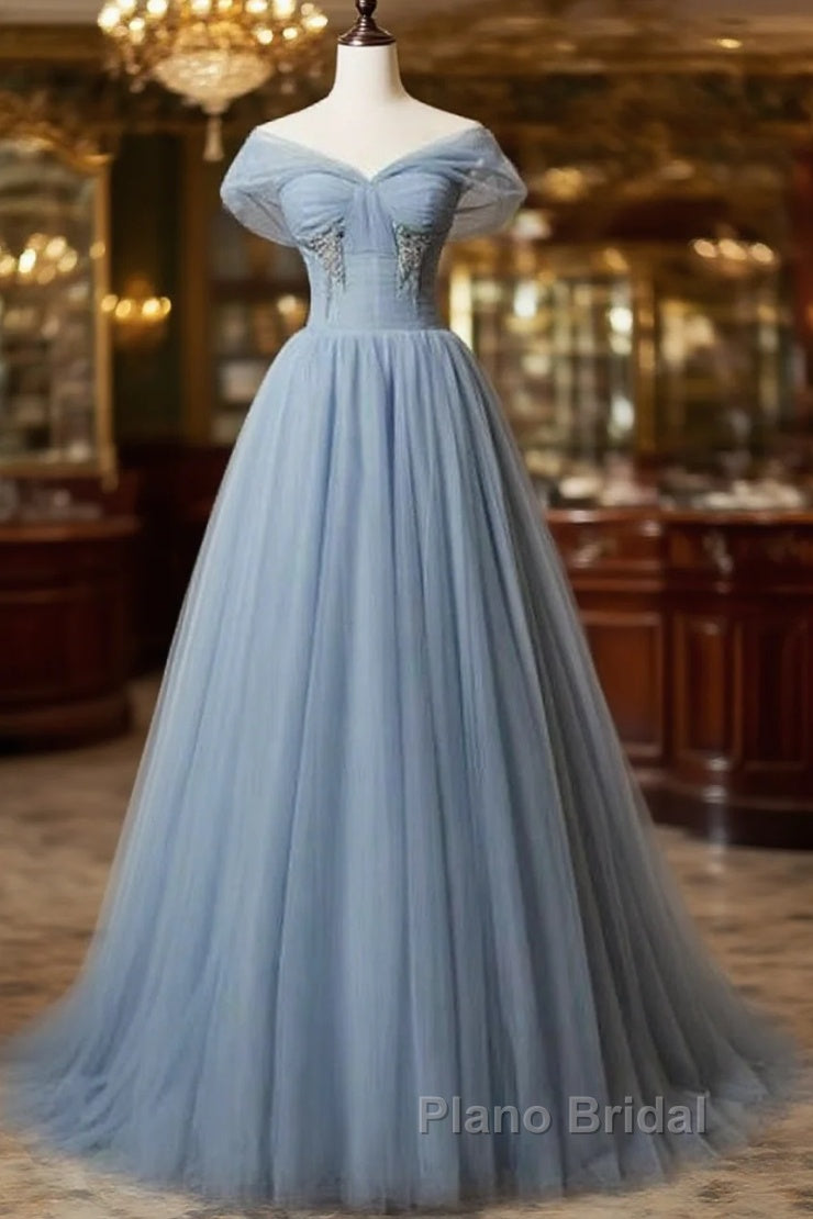 Grey-Blue Tulle Off Shoulder Beaded Long Formal Prom Dresses Party Dresses, Long Evening Gowns