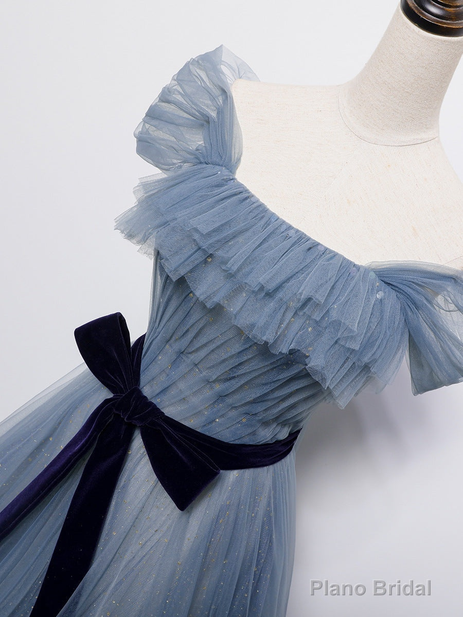 Grey-Blue Tulle Off Shoulder Long Party Dress with Bow, A-line Floor Length Prom Dress Main image