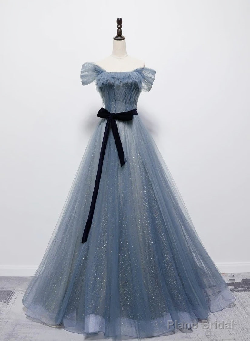 Grey-Blue Tulle Off Shoulder Long Party Dress with Bow, A-line Floor Length Prom Dress Secondary image